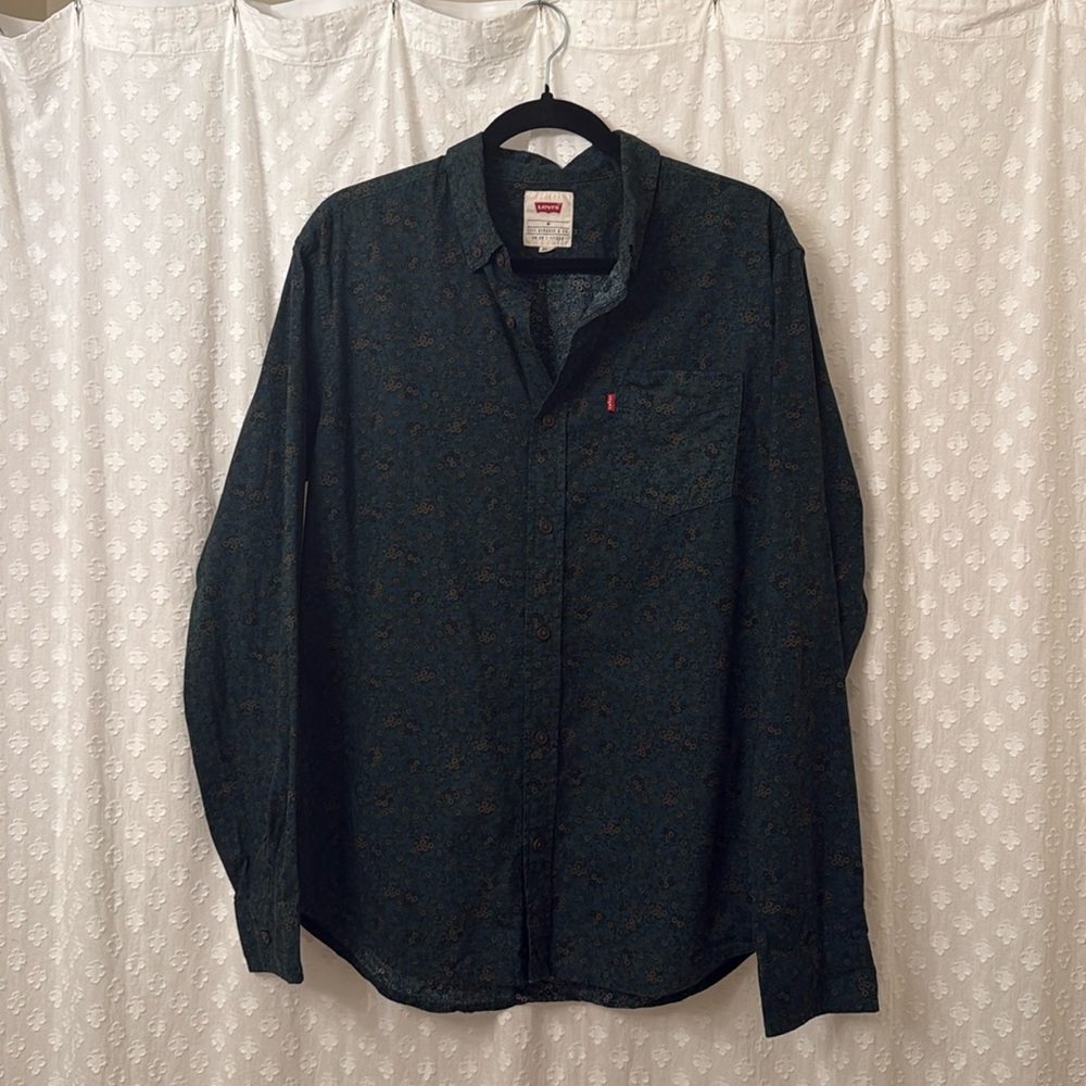Levis Shirt Mens Medium Green Floral Button Up Long Sleeve Cotton Casual Adult